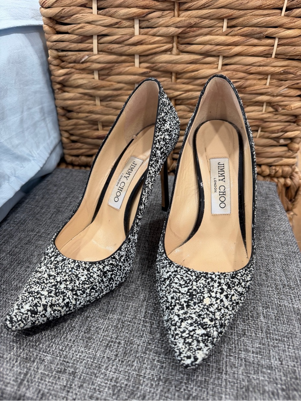 Jimmy Choo Black & White Glitter Pointed Toe Stiletto Pumps